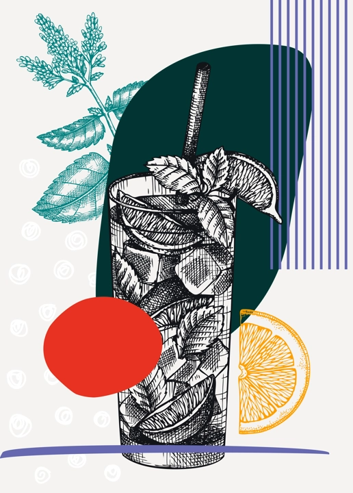 Collage style Mojito cocktail vector illustration. Hand-sketched alcoholic drink drawing. Trendy design with glassware, geometric and abstract shapes. Perfect for print, poster, card, social media